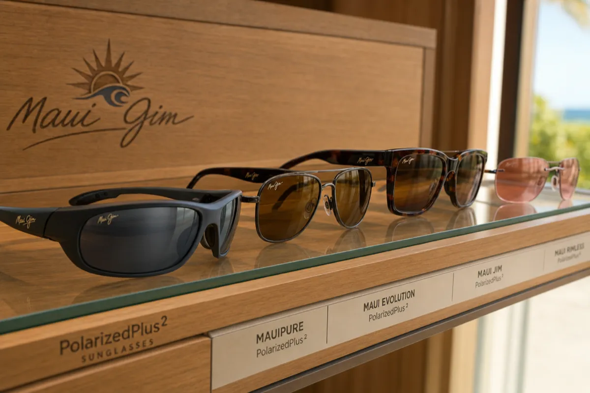 A row of Maui Jim polarized sunglasses in varied frame styles and lens tints in a display case