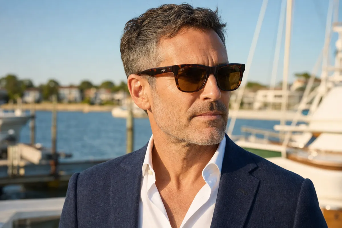 A man wearing Maui Jim polarized sunglasses at a sunlit waterfront marina