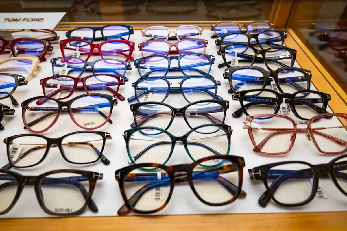 A tray of Tom Ford frames at Voorthuis