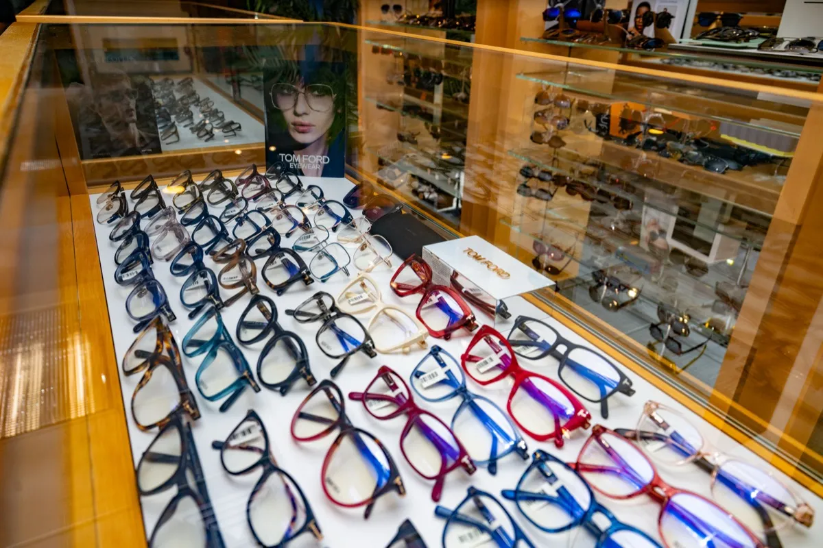 Tom Ford acetate frames on the wood display at Voorthuis