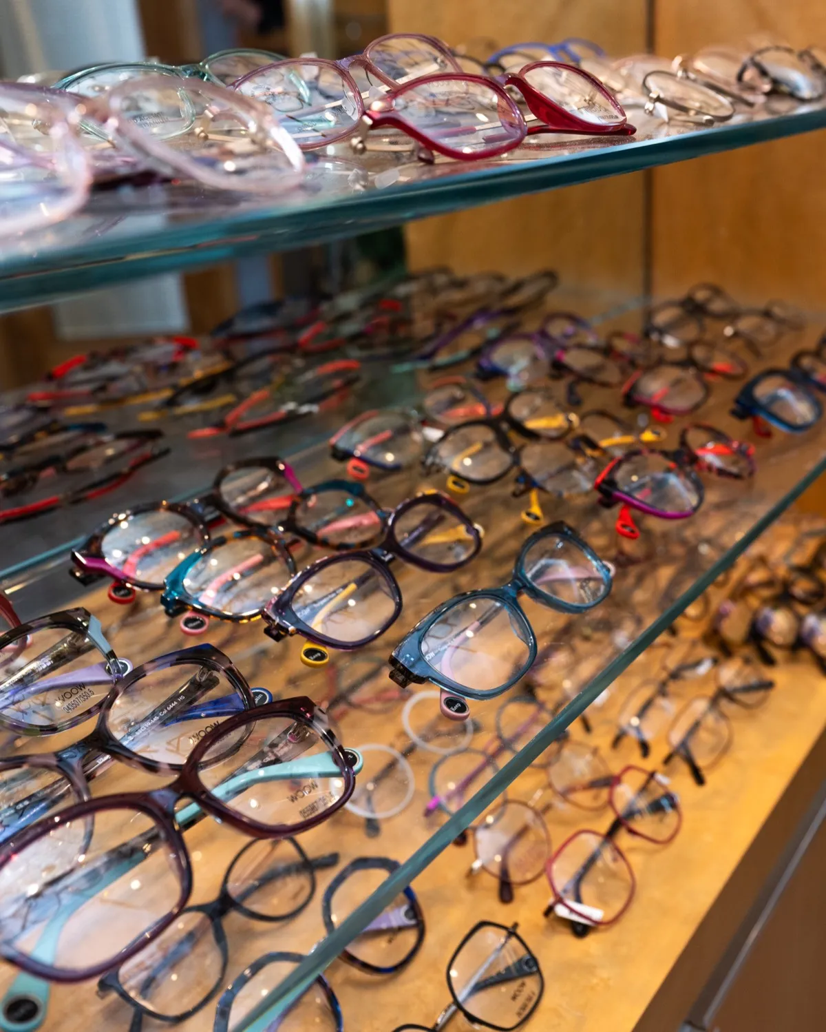 Colorful designer eyeglass frames arranged on glass display shelves at Voorthuis