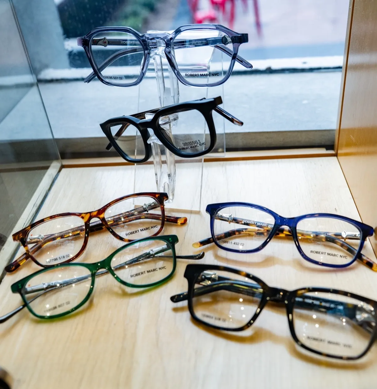 Robert Marc NYC frames on display at Voorthuis Opticians, Bradley Shopping Center
